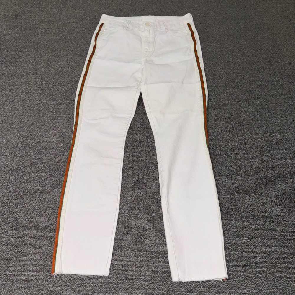 Mother The Looker Ankle Fray Floral Racer White Side Stripe Boho Jeans 26 Flawed